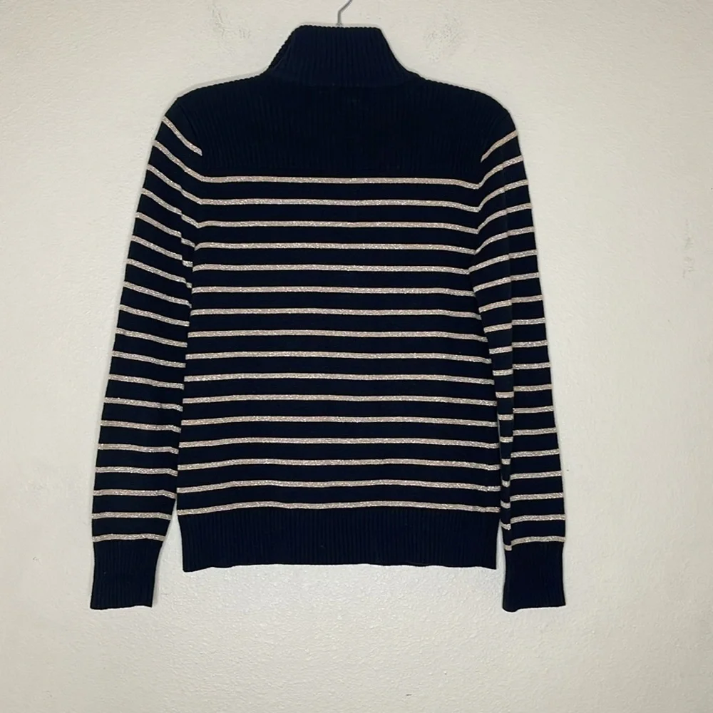 Lauren Ralph Lauren Black Gold Stripe Cotton Knit High Neck Sweater Small